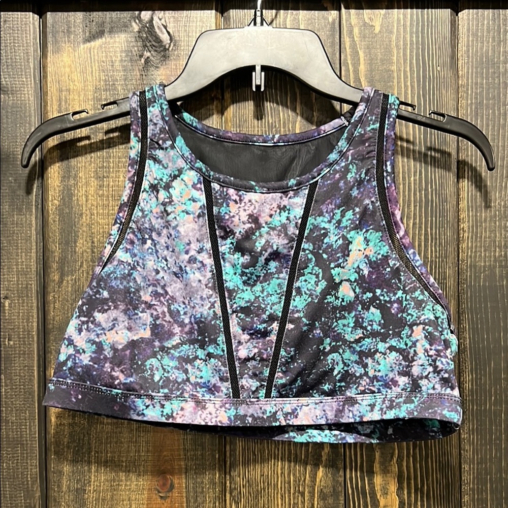 Fabletics Milda Sports Bra L Hole-y Moley Blue Black‎ High Neck Mesh Stretch Gym